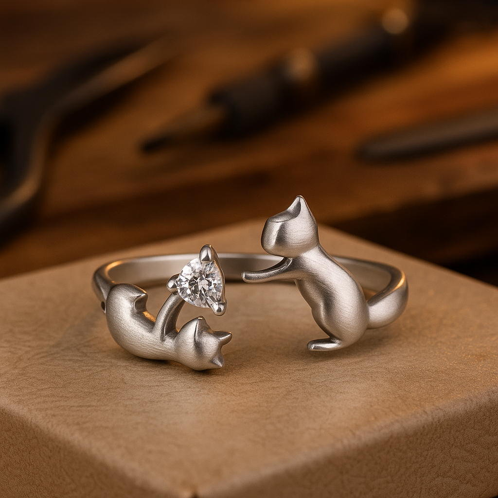 Lekfullt justerbart ring i sterling silver med katt och zirkonia