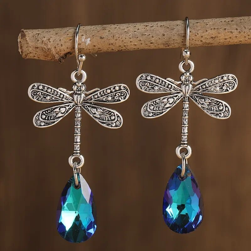 Vintage blå zirconia hänge damselfly örhängen