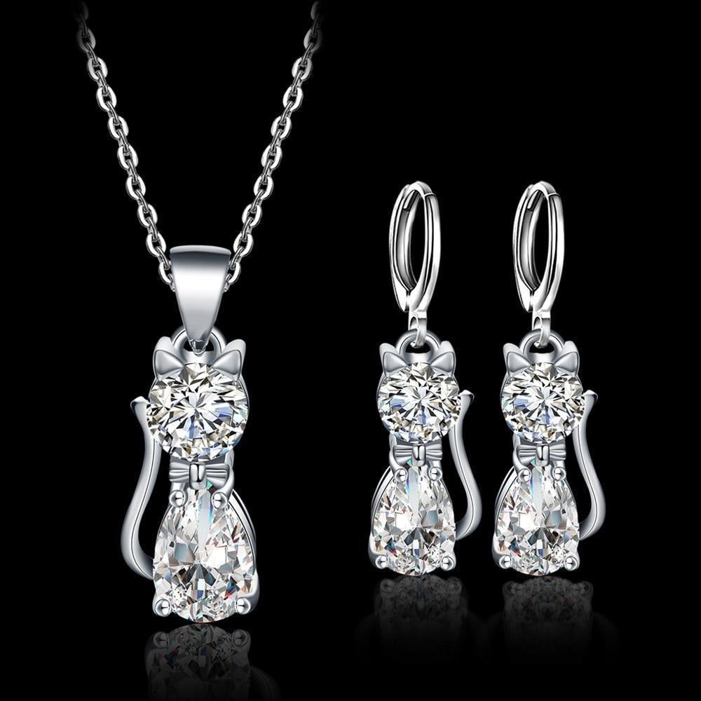 Set Halsband + Örhängen Glada Katter i Äkta Silver och Polerad Vit Zirkonium