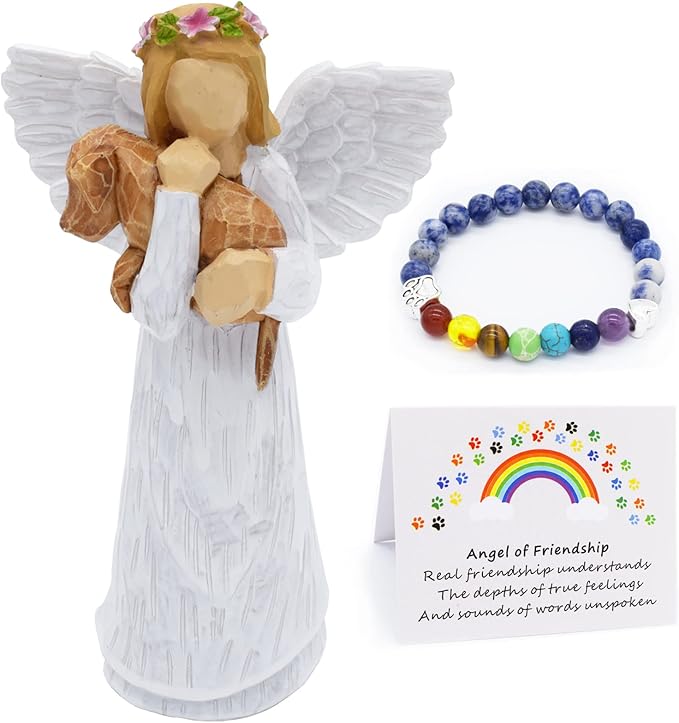 Hundminnesgåvoset med skyddsängelfigur och Regnbågsbron-chakrat-armband