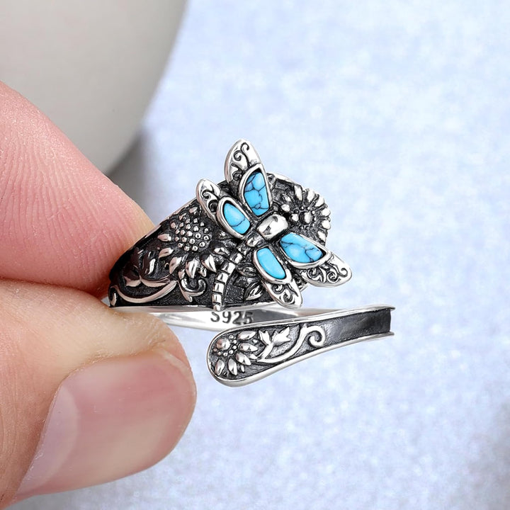 Sterling Silver Turkos Skedring – Vintage Boho Wrap-ring med Trollslända