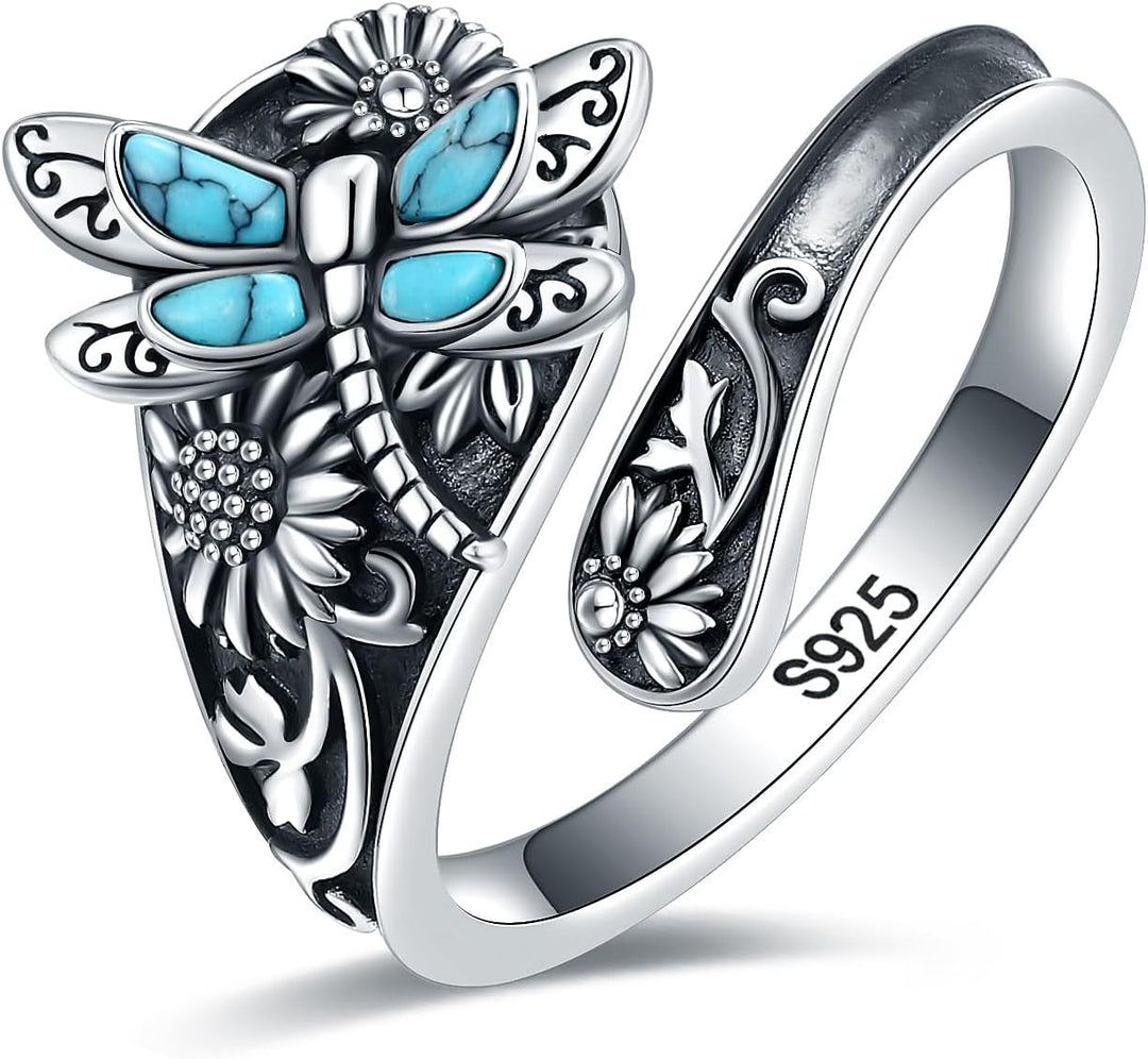 Sterling Silver Turkos Skedring – Vintage Boho Wrap-ring med Trollslända