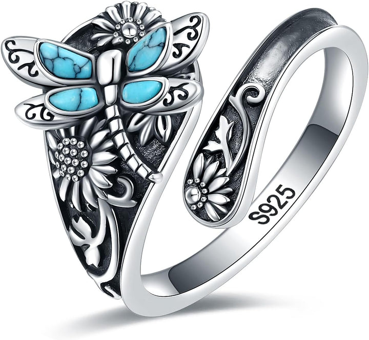 Sterling Silver Turkos Skedring – Vintage Boho Wrap-ring med Trollslända