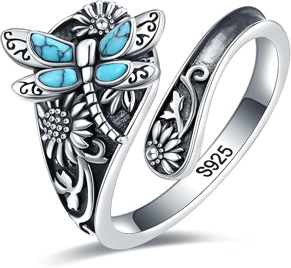Sterling Silver Turkos Skedring – Vintage Boho Wrap-ring med Trollslända