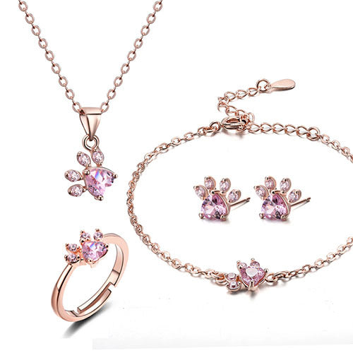 Roséguld tassel och tassel smyckeset – 4 delar med zirconiahjärta (Ring, Halsband, Örhängen, Armband)