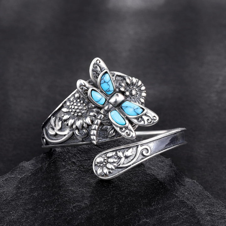 Sterling Silver Turkos Skedring – Vintage Boho Wrap-ring med Trollslända