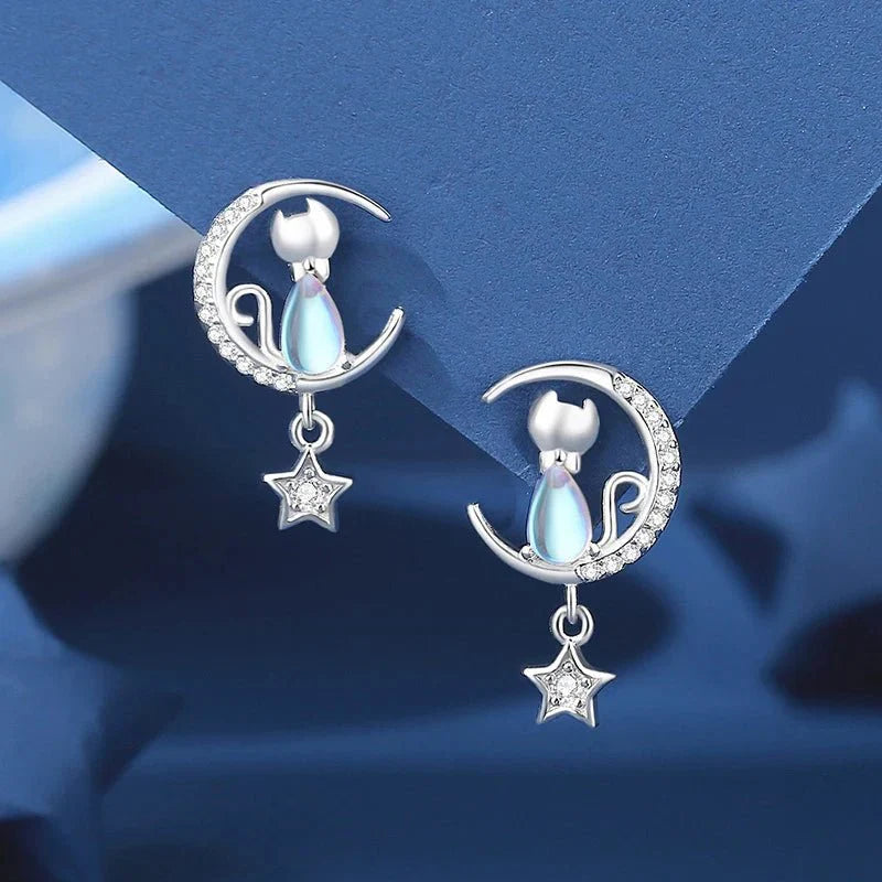 925 Sterling silver Måne & Stjärna Katt Örhängen med Zirkon