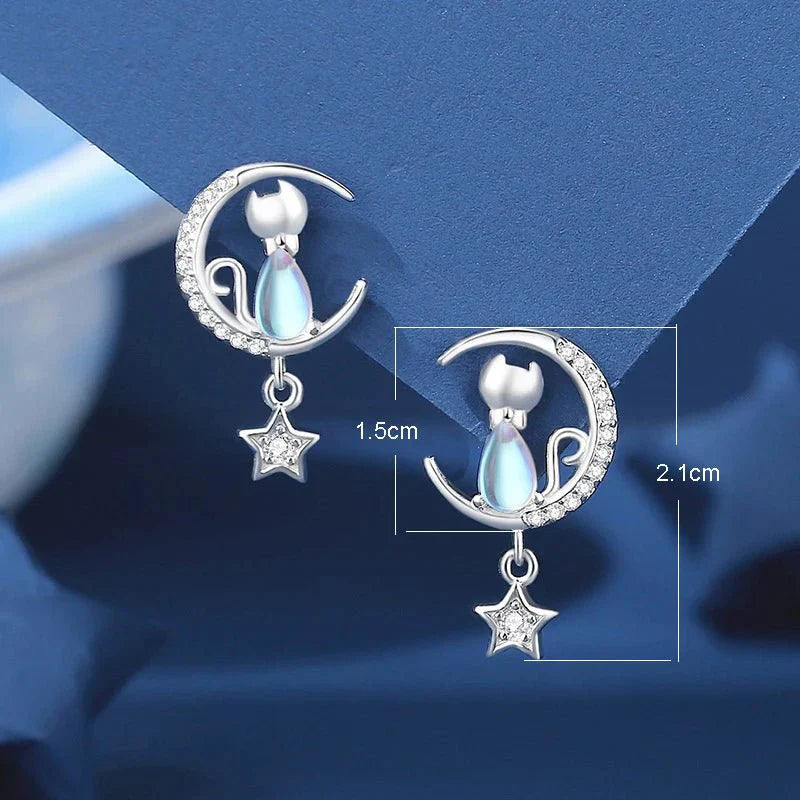 925 Sterling silver Måne & Stjärna Katt Örhängen med Zirkon