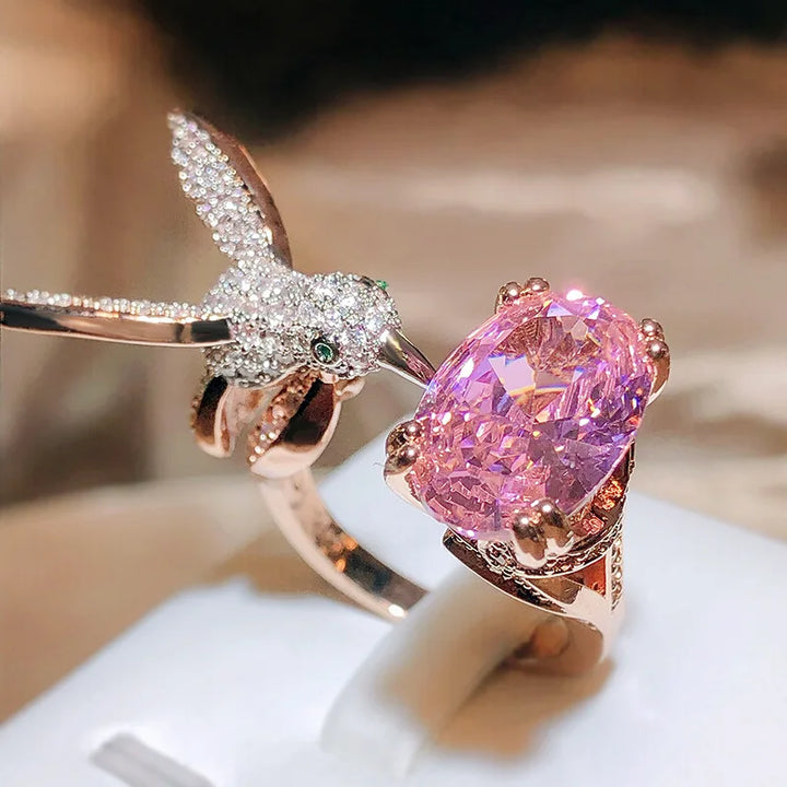 Justerbar kolibrärring med ädelsten – Zirkon, 14K guldpläterad