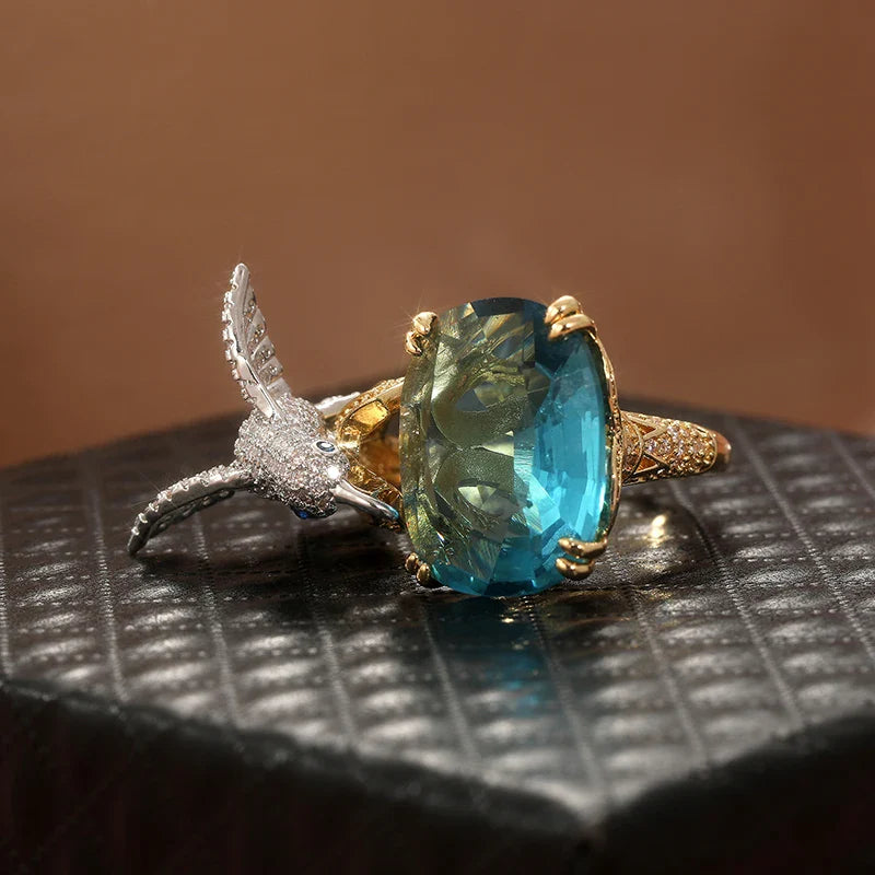 Justerbar Hummingbird-ring i akvamarinfärg – 14K guldpläterad