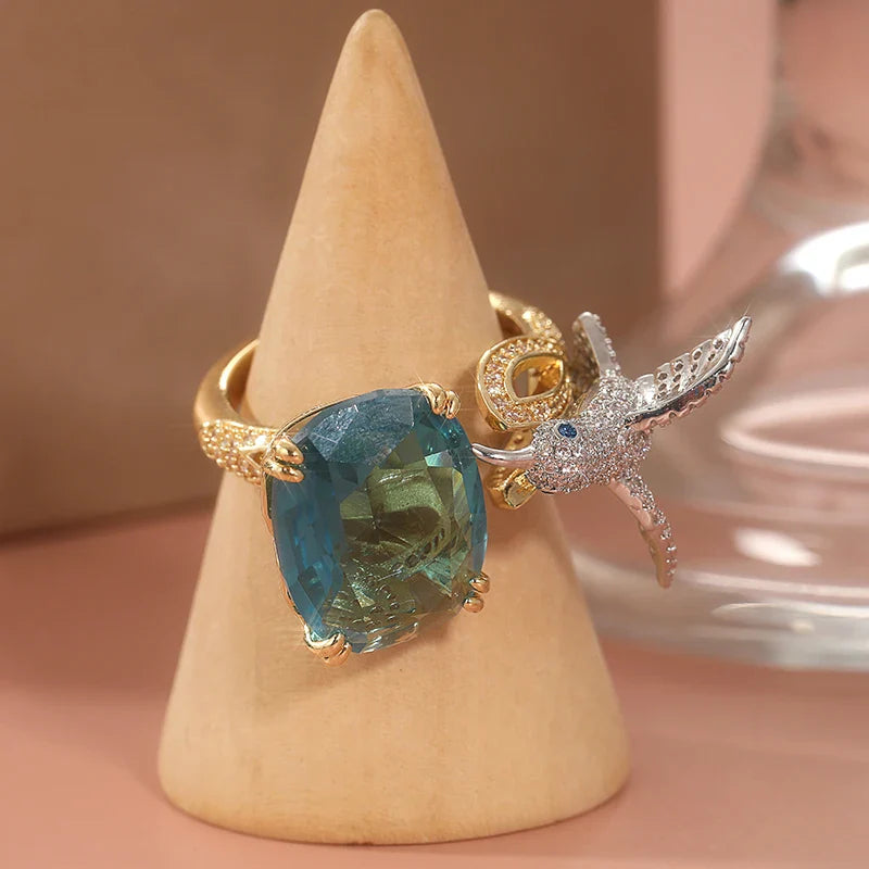 Justerbar Hummingbird-ring i akvamarinfärg – 14K guldpläterad
