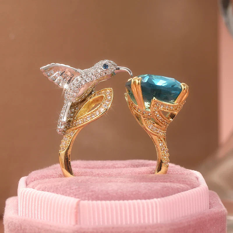 Justerbar Hummingbird-ring i akvamarinfärg – 14K guldpläterad