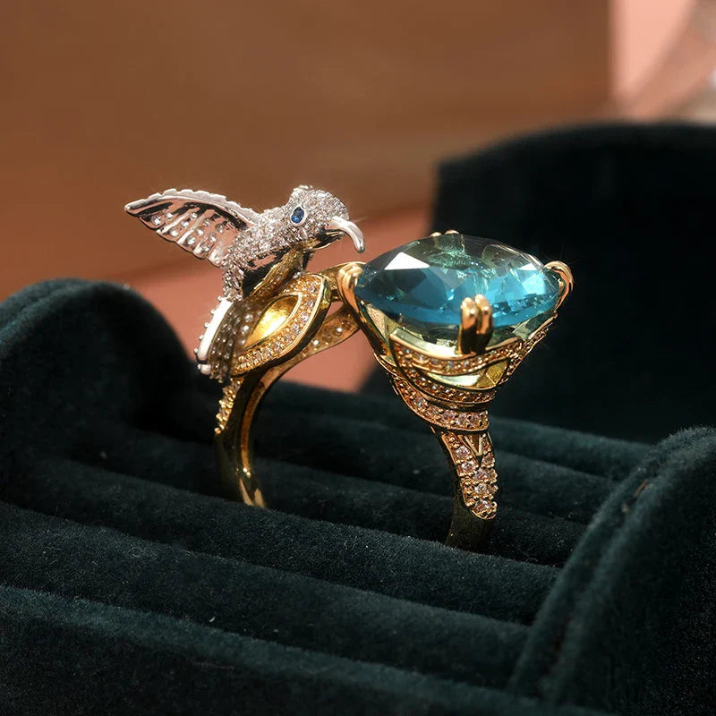 Justerbar Hummingbird-ring i akvamarinfärg – 14K guldpläterad