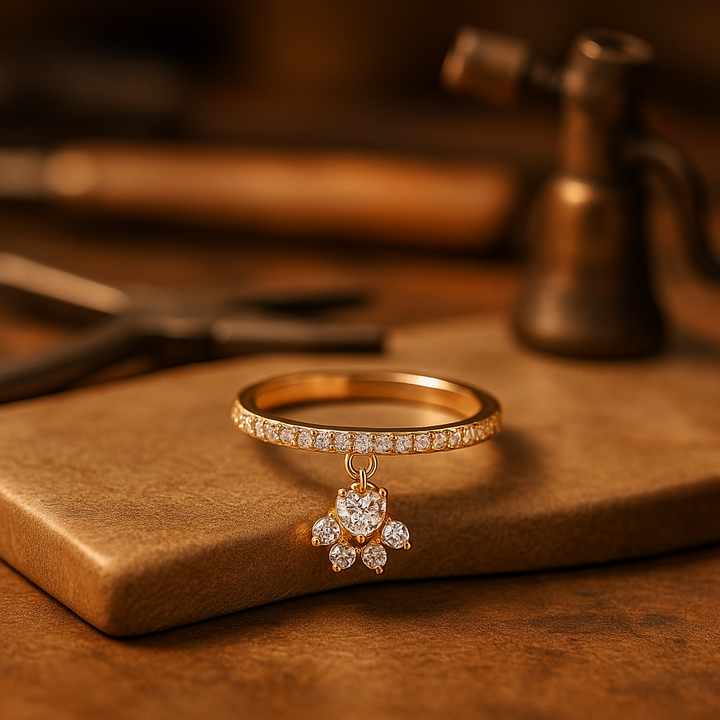 Vintage Katten Päls & Hjärta Sten Ring – Guld- & Silverton