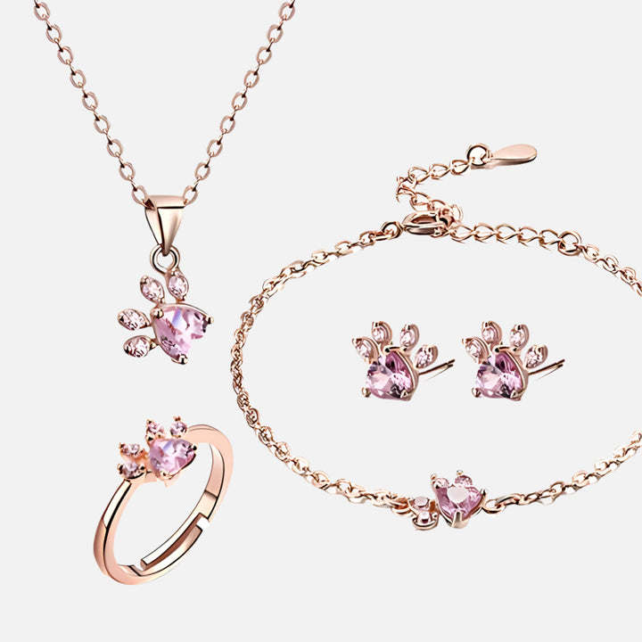 Roséguld tassel och tassel smyckeset – 4 delar med zirconiahjärta (Ring, Halsband, Örhängen, Armband)