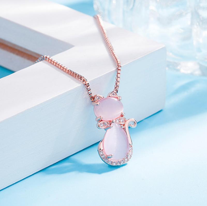 Rosa sten söt katt halsband med zirkon