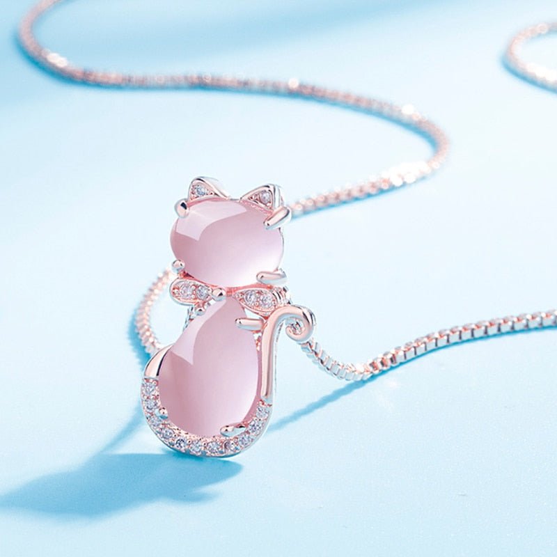 Rosa sten söt katt halsband med zirkon