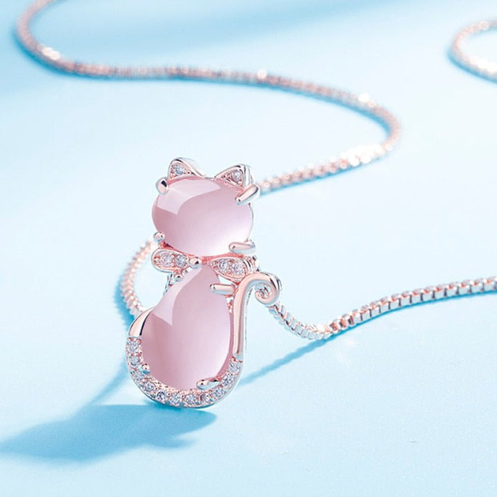 Rosa sten söt katt halsband med zirkon