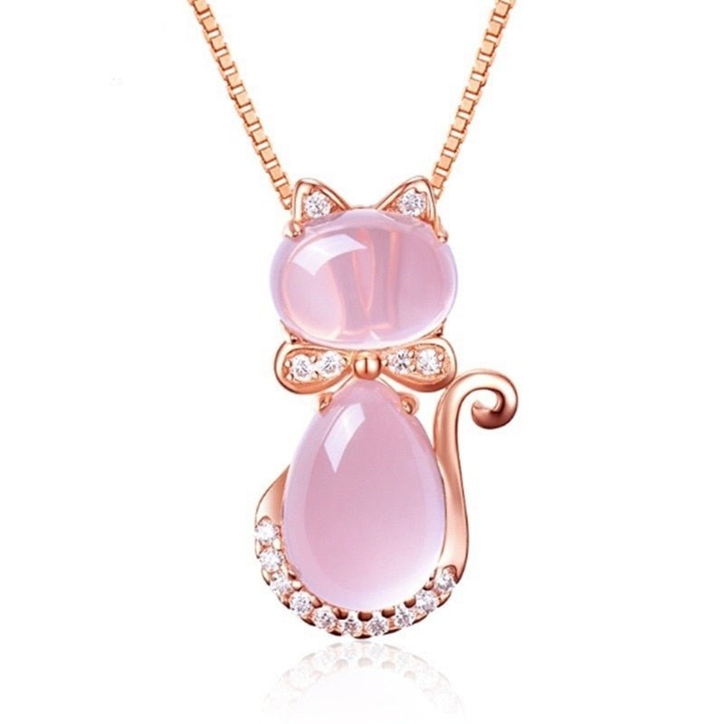 Rosa sten söt katt halsband med zirkon