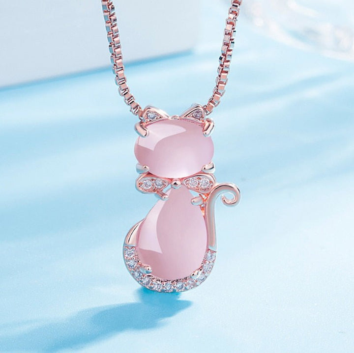 Rosa sten söt katt halsband med zirkon