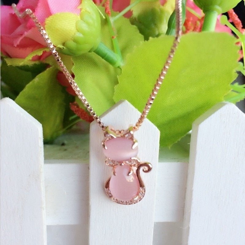 Rosa sten söt katt halsband med zirkon