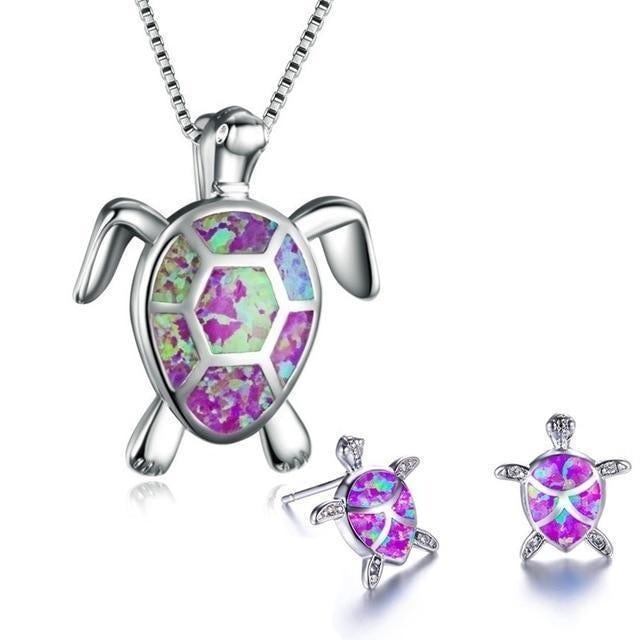Sjöturtlesmyckeset med halsband och örhängen i opal och silver