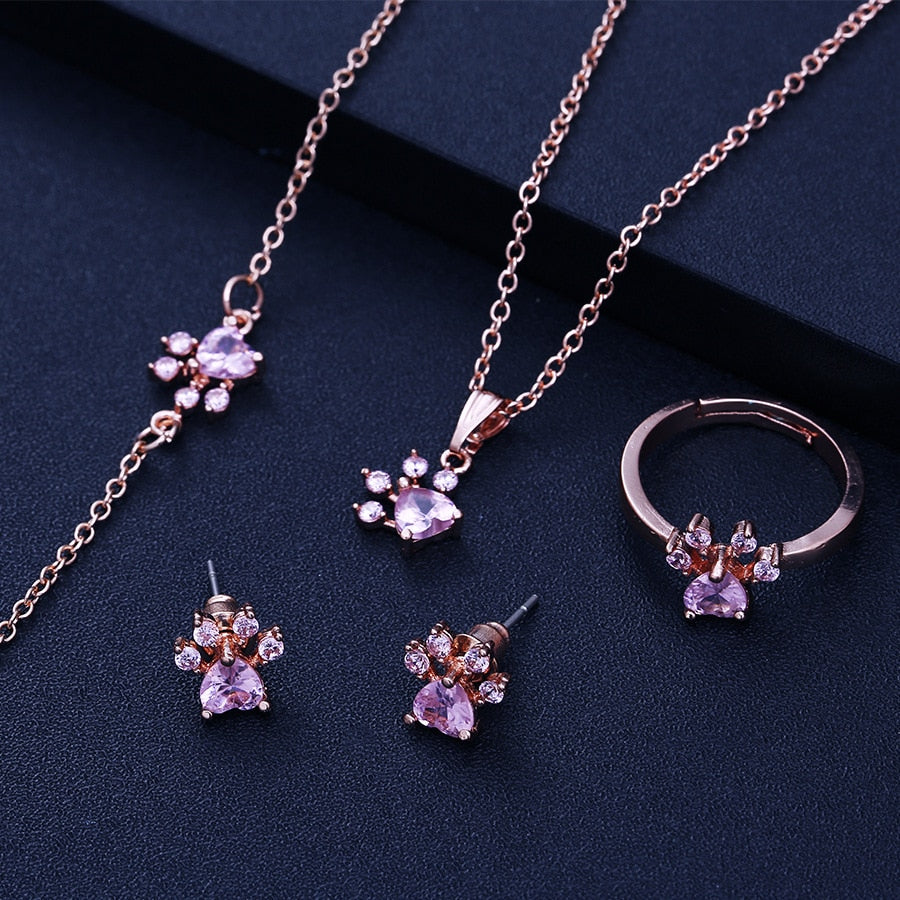 Roséguld tassel och tassel smyckeset – 4 delar med zirconiahjärta (Ring, Halsband, Örhängen, Armband)