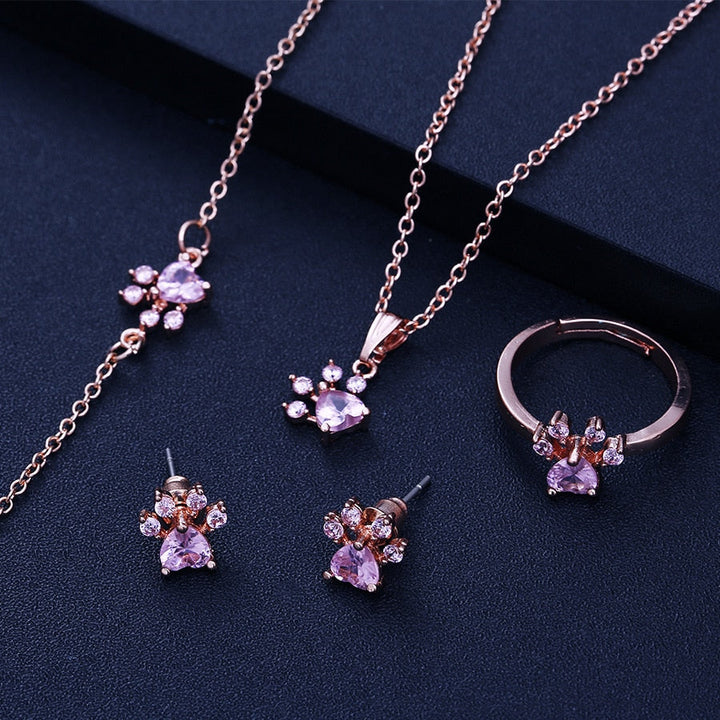 Roséguld tassel och tassel smyckeset – 4 delar med zirconiahjärta (Ring, Halsband, Örhängen, Armband)
